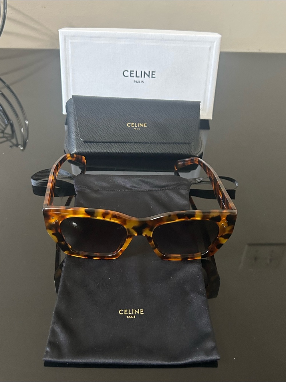 Celine Tortoise Square Acetate Sunglasses - Brown / Black Lenses